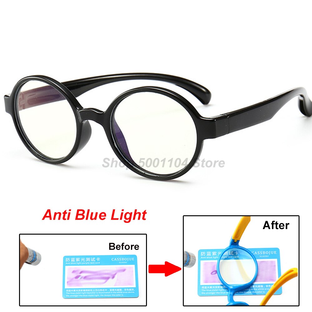 Børn anti blå lys brille ramme børn  tr90 silikone optiske briller dreng pige fleksible runde briller beskyttende: Sort