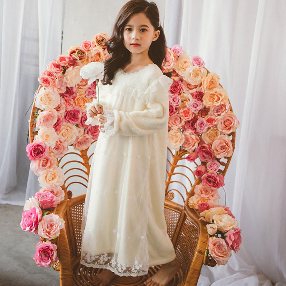 Winter Girls Nightgowns Children Cloting Lace Flannel Sleepdress Princess Sleepwear Kids Homewear Pajamas Girls Nightie 6-16Year: Beige / 160(150-160CM)