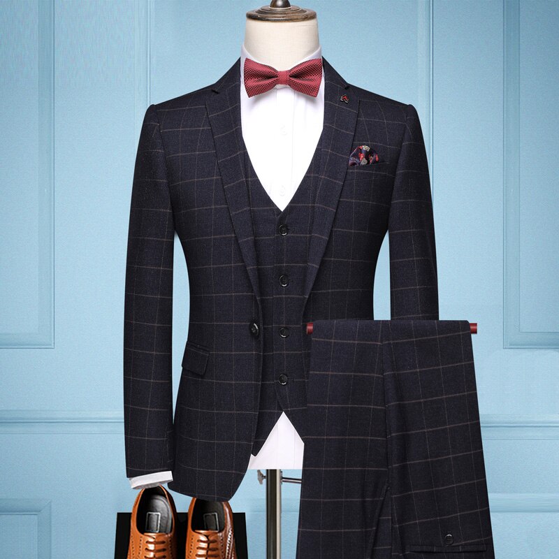 ( Jacket + Vest +Pants ) Boutique Black Plaid Men's Formal Business Suit Three-piece Groom Wedding Dress Party Show Suit: Brown / S (EUR XXXS)