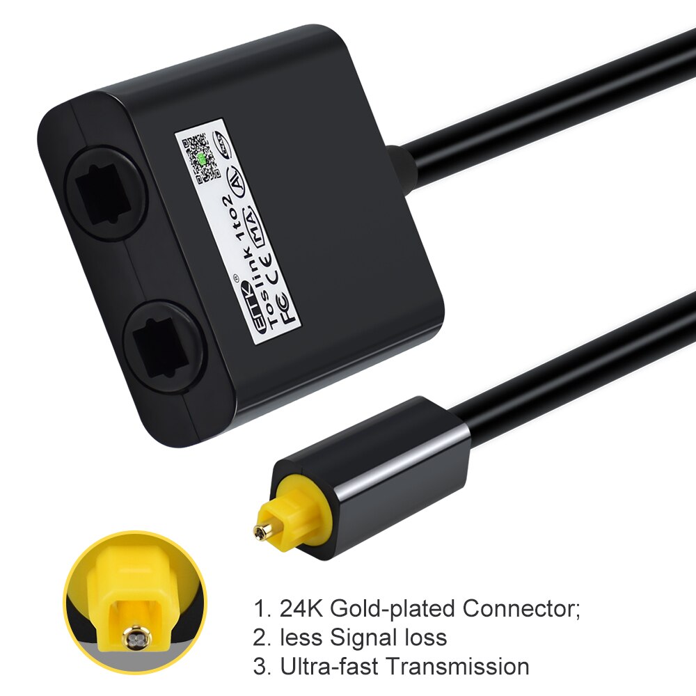 EMK Optical Fiber Splitter 1 in 2 Out Toslink Splitter Optic Audio Cable Splitter, with 24K Gold Plated Connectors for CD Player