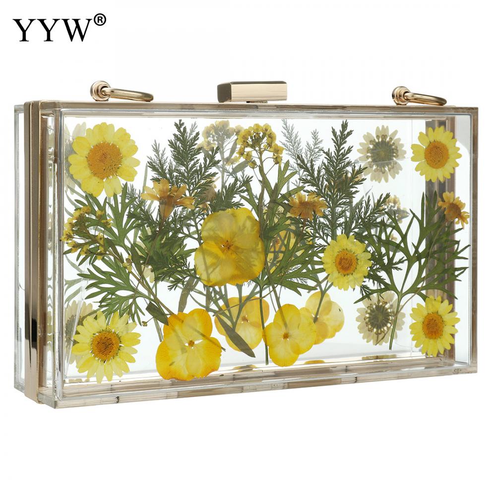 Acrylic Transparent Floral Evening Clutch Wedding Bridal Cute Wallet Women Tote Pack Clear Hard Box Metal Chain Shoulder Bags: yellow b