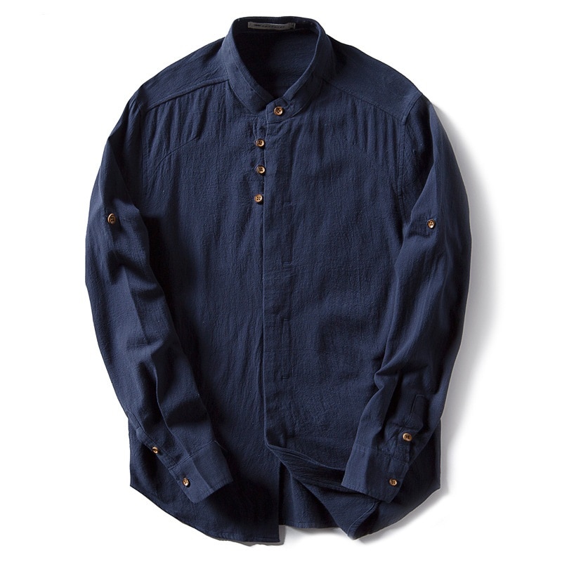 Men's Cotton Linen Shirts Long Sleeve Casual Slim Chinese Mandarin Collar Shirts Men Business Cotton Dress Shirt
