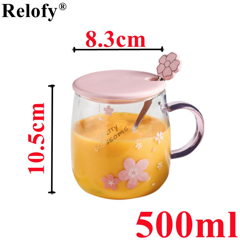 Taza de café de cristal con flor de cerezo, vaso con cuchara, amantes de la personalidad, para café, zumo, té, desayuno, utensilio para bebidas, 500ml