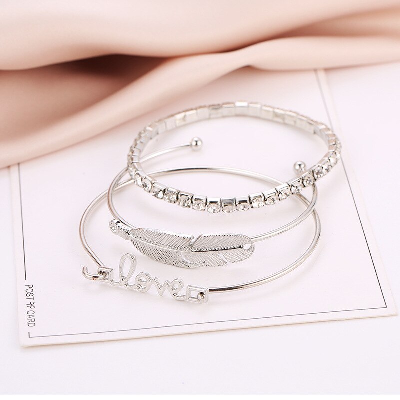 3 Pçs/set Pena Projeto Amor Rodada Cristal Gem Multilayer Ajustável Aberto Pulseira Definir a Forma Das Mulheres Jóias Presente Do Partido