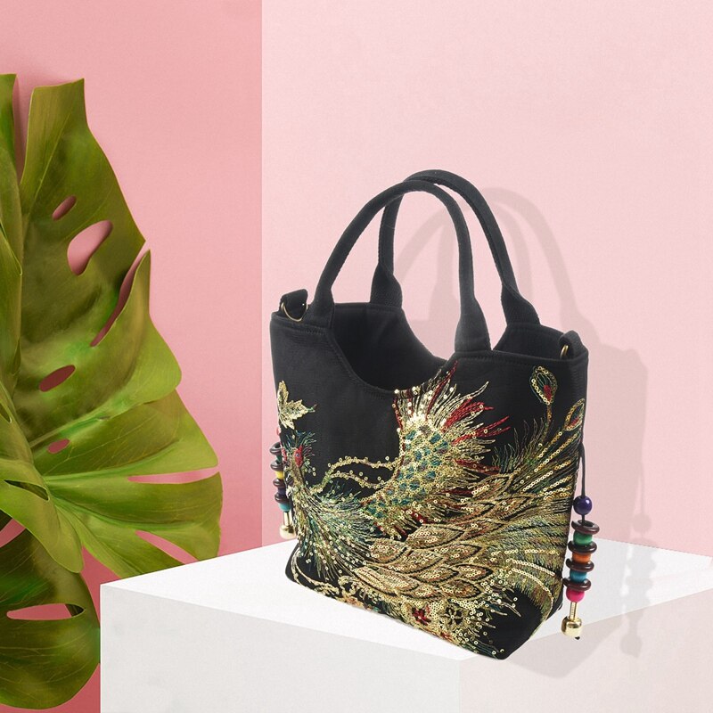 Paillettes brillantes paon brodé femmes toile fourre-tout sac, été Shopping sac à bandoulière Vintage perlé chaîne sac à main noir