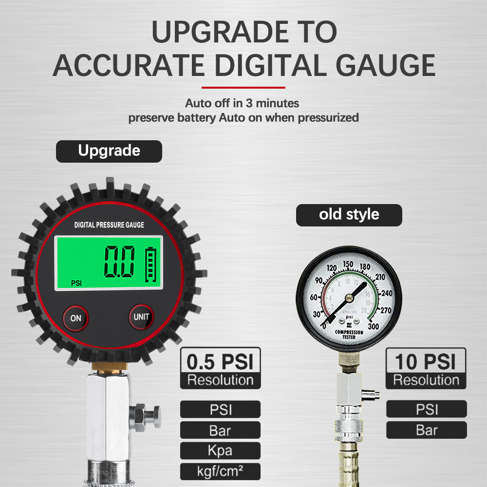 Digital kompressionsmåler til biler 200 psi til benzinmotorer, cylinderkompressionsmålersæt med adapter