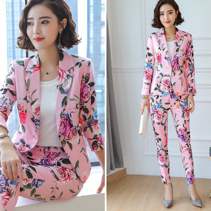 Flower Print Formal Suit Women Office Lady Blazer Set OL Blazers Jacket Uniform Long Sleeve Chinese Style Pants Suit B133