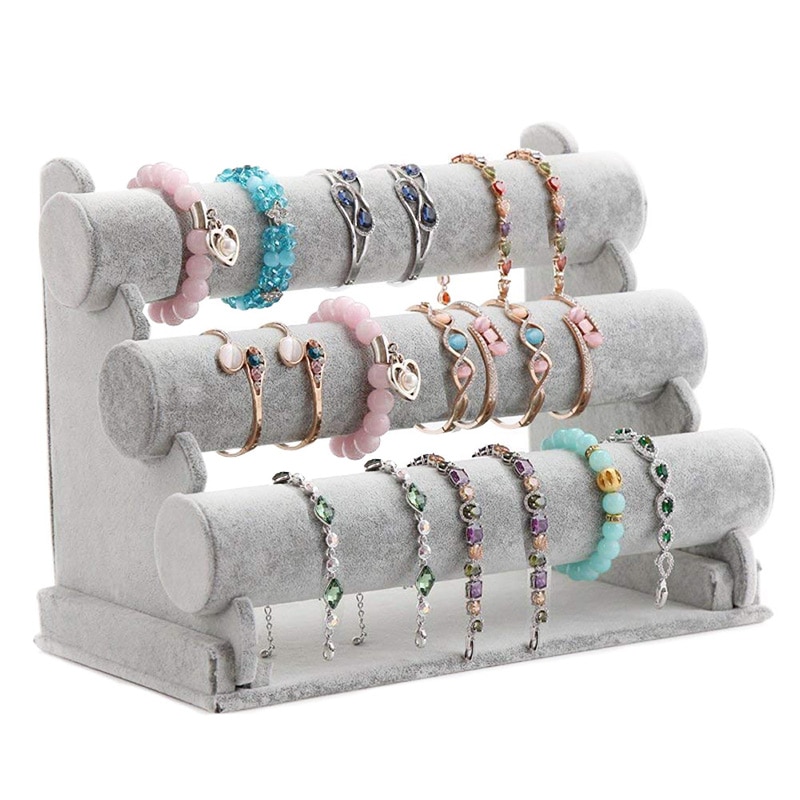 Triple Bracelet Holder Jewelry Display Stand Watch Bangle Bar Necklace Storage Organizer Gray: Default Title