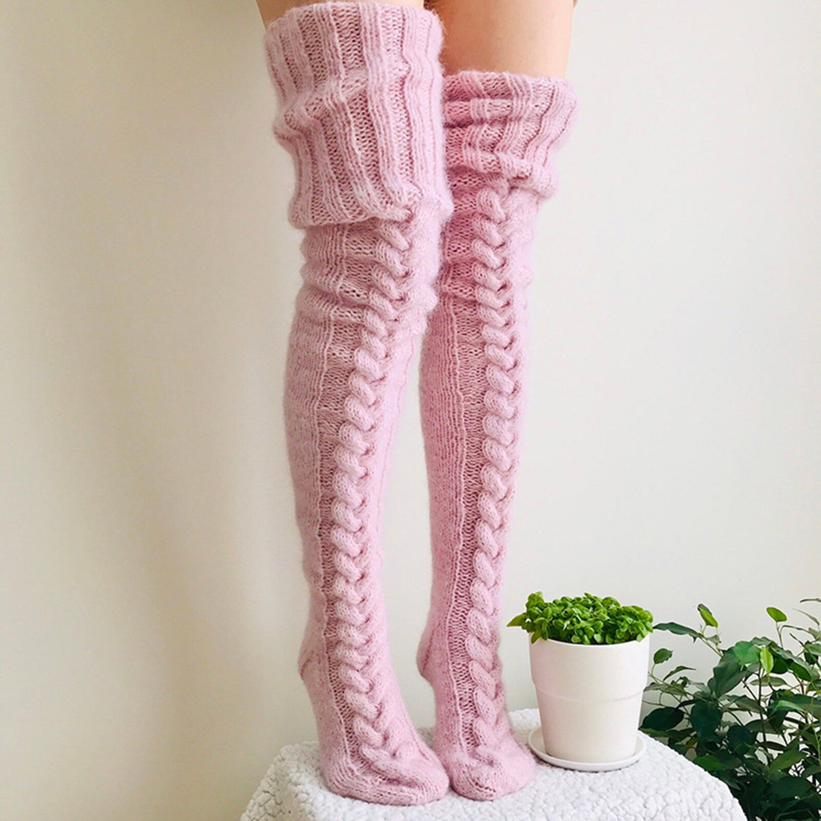 Women Solid Color Knitted Extra Long Socks Over Knee Thigh Stockings Leg Warmers