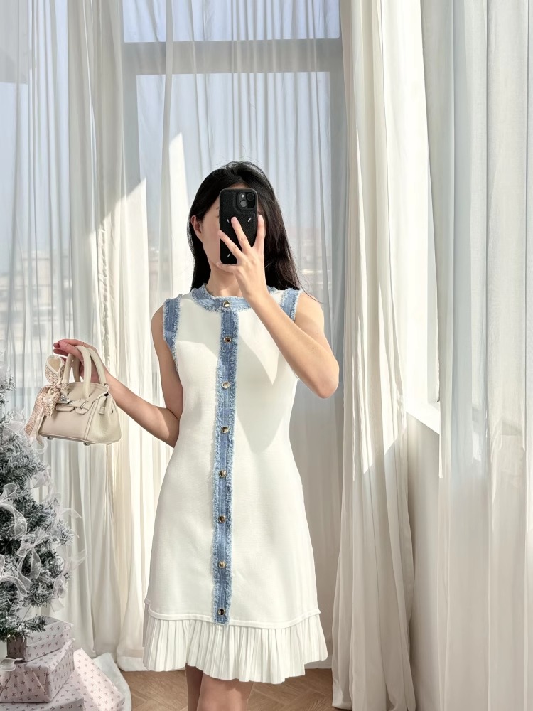 Vestido vaquero avanzado de retazos para mujer, vestido sin mangas con borde con volantes y cuello redondo para ir al trabajo, primavera y verano