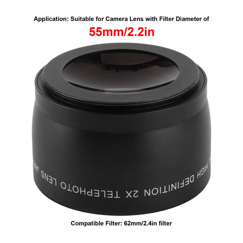 Telephoto Lens Camera Auxiliary Lens Black for Camera Lens with Filter Diameter of 55mm