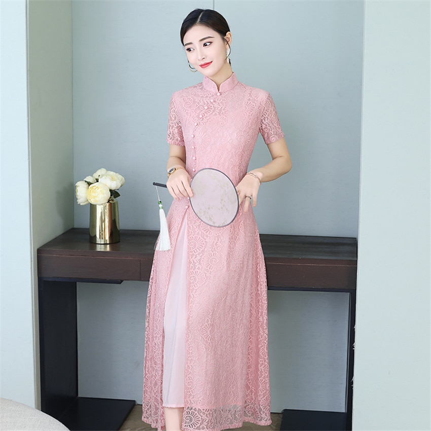 Aodai-vestido Qipao de Vietnam para mujer, ropa tradicional de encaje, Vestido largo de seda hasta la rodilla, novedad de verano, 2022