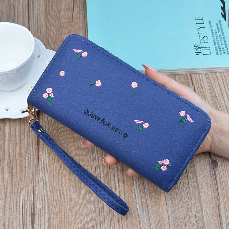 Femmes long portefeuille en cuir synthétique polyuréthane femme broderie fleur portefeuille filles kawaii pochette téléphone sac crédit porte-carte pour le nouvel an: deep blue