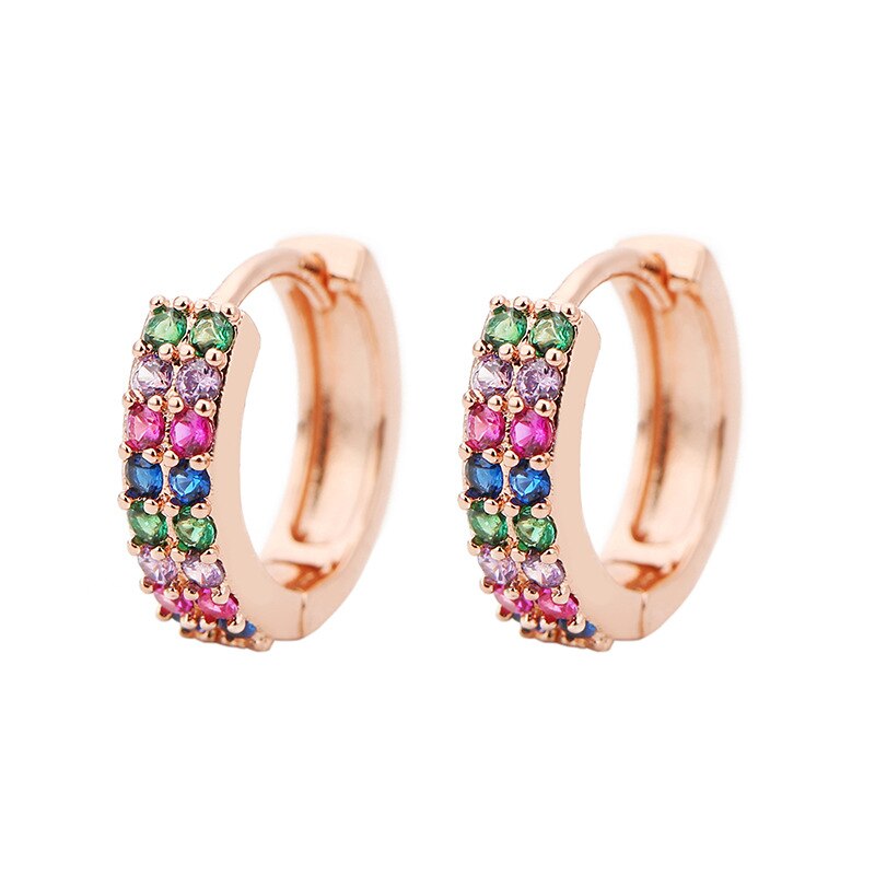 Zwei Ebenen Zirkon Stein Kleine Band Ohrringe Für Frauen Mehrfarbig glänzend Regenbogen Huggies Charme durchbohren Ohrring Schmuck Größe 10mm: Rose Gold-Mehrfarbig