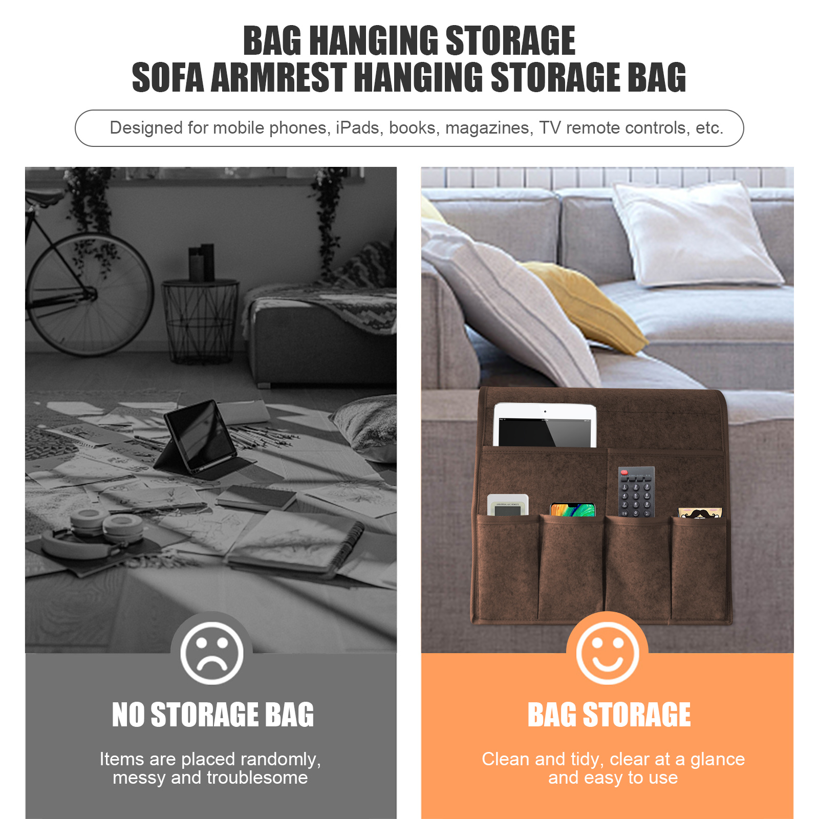 Sac de rangement suspendu pour fauteuil, caddie en feutre, organisateur d'accoudoir inclinable pour Magazine tablette téléphone portable télécommande