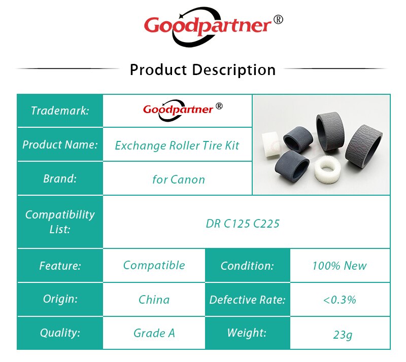 Kit de pneus à rouleaux pour CANON DR C125 C125W C225 C225W II, Scanner imageFORMULA, 1X 5484B001