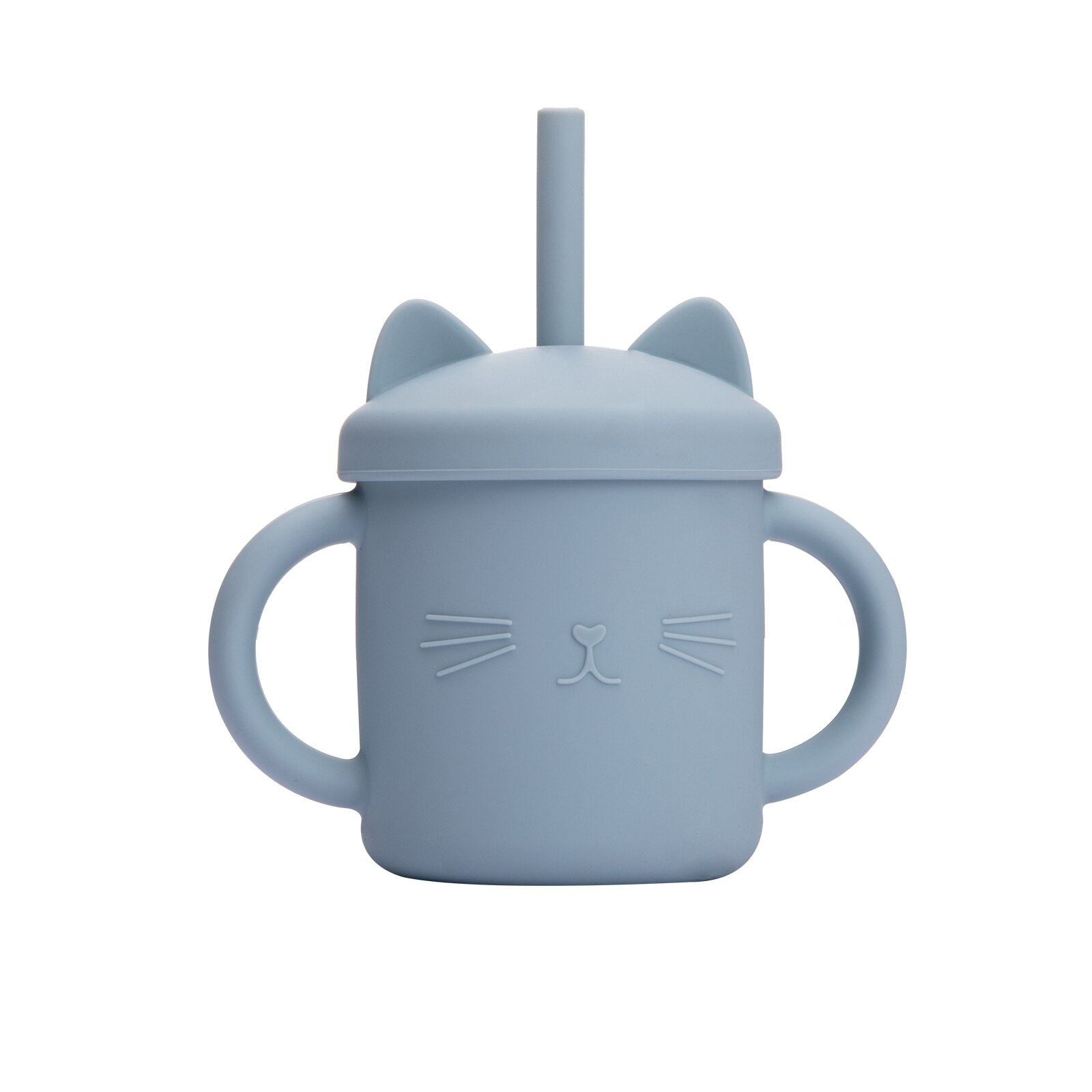 Vasos de silicona para alimentación de bebé, taza con dibujos de gato para niños pequeños, tapas sólidas con asa para beber: Blue