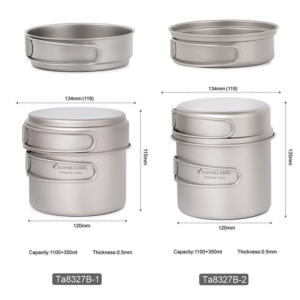 Titanium cookset camping frityrgryta utomhuspott camping köksredskap 1100ml grytor och 350ml stekpannor med fällbara handtag