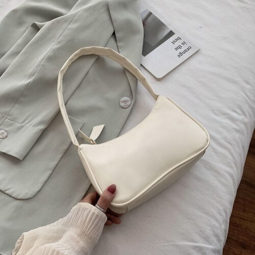 Soft PU Leather Women Purple Underarm Bag Retro Solid Color Ladies Baguette Handbags Girls Small Shoulder Bags: creamy-white