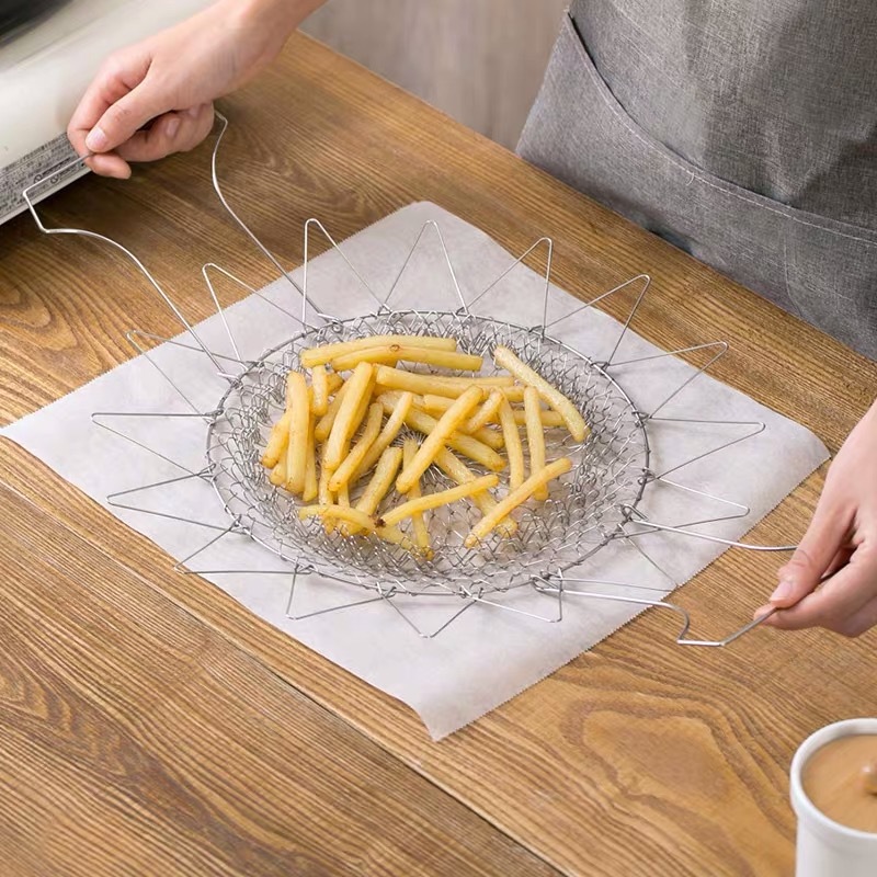304 Stainless Steel Deep-fried Mesh Household French Fries Chicken Wings Telescopic Folding Round Water Drain Filter Mesh Sieve
