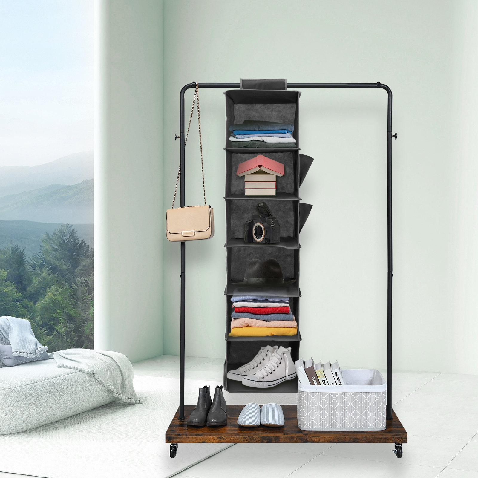 Organizador de almacenamiento de armario colgante, tela no tejida, plegable, 6 estantes, almacenamiento de ropa con bolsillos laterales e inserciones de bambú, 2 uds.