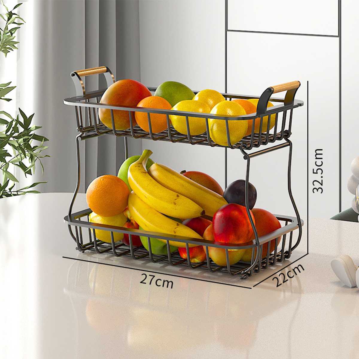 2 Tiers Metalen Fruitmand Afneembare Keuken Opbergdoos Aanrecht Plank Rack Voor Fruit Groenten Snack Storage Rack Holder: black