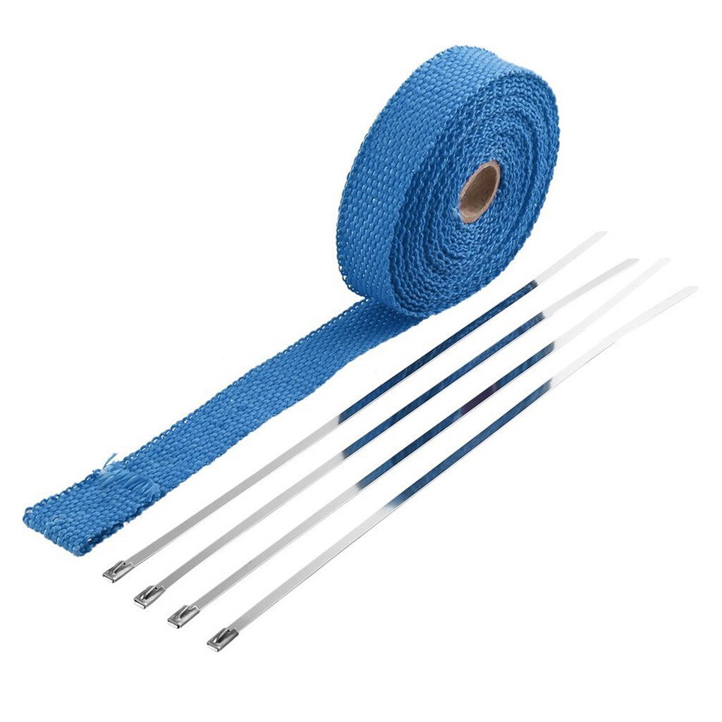 2.5CM 5M Roll Fiberglass Exhaust Header Pipe Heat Wrap Tape 4 Ties Kit Maintains temperature to 2000 degrees 6 color CB: Blue