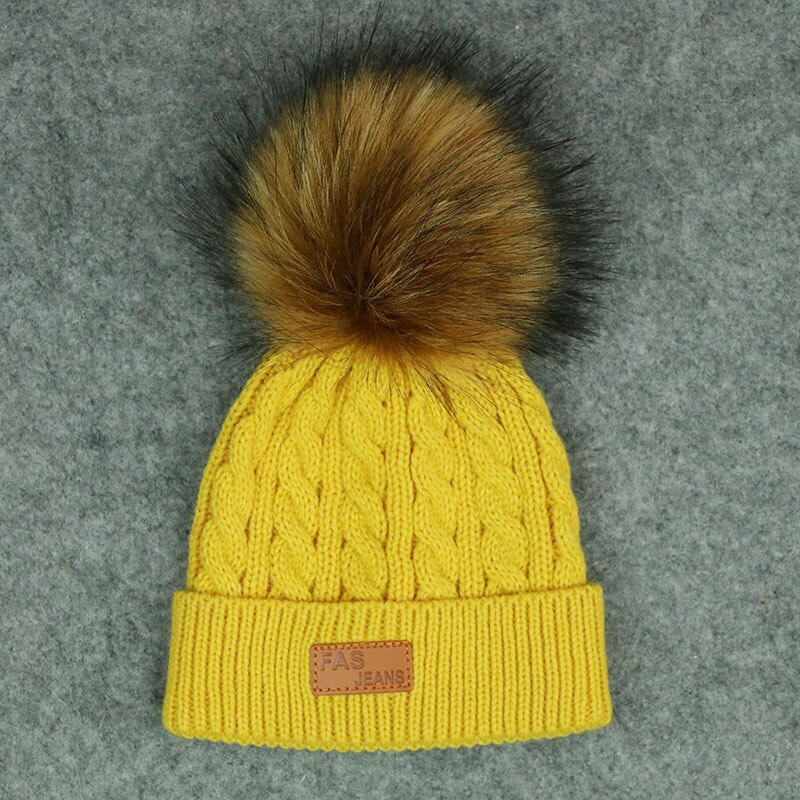 Gorro de lana con bola de pelo para niños, gorro de esquí cálido para deportes al aire libre, nieve, esquí, snowboard: YELLOW