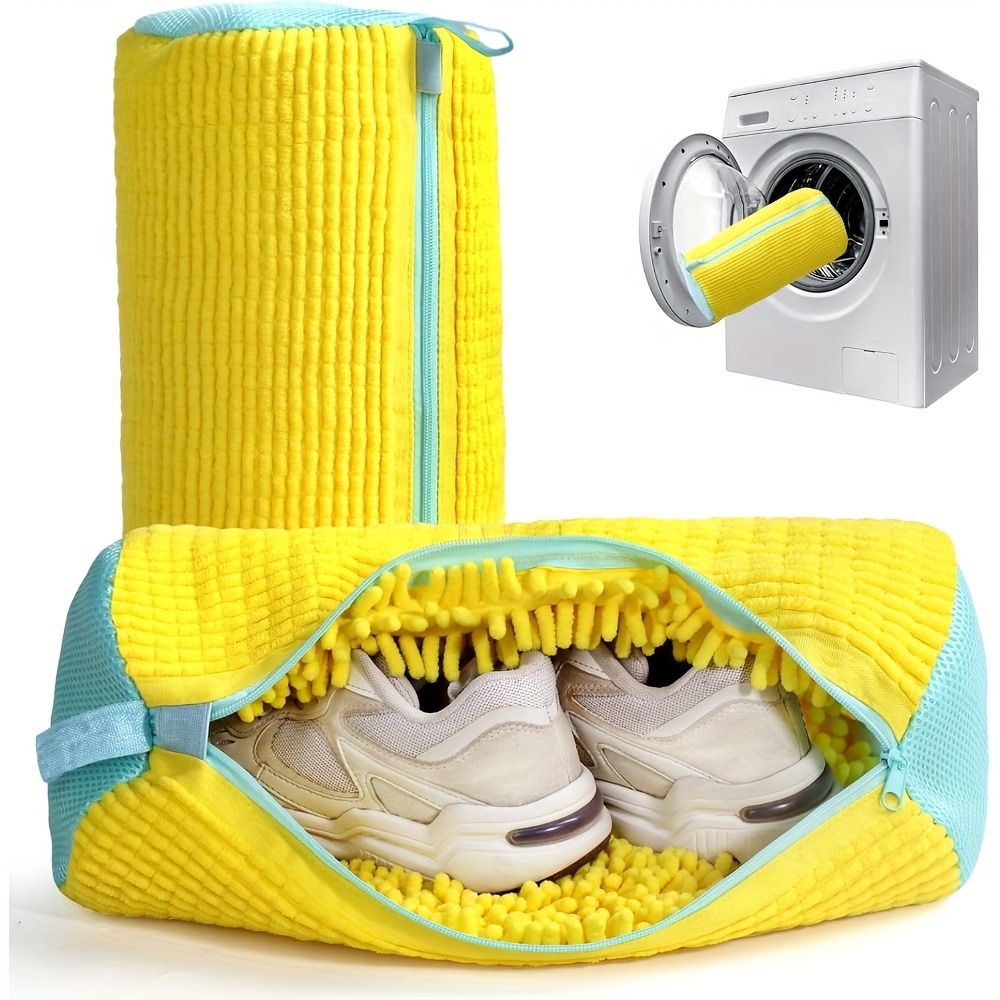 1pc Durable Shoe Washing Machine Bag for All Shoe Types - Yellow with Blue Zipper, Oval Protective Laundry Bag with Rich Fluff I