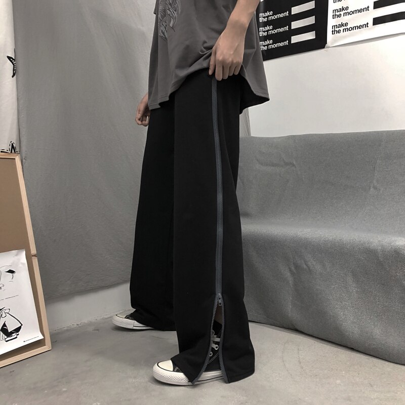 Zipper Side Split Pants Ulzzang Korean Style Pants for Men Women Sweat Trousers Harajuku Streetwear Loose Wide Leg Sweatpants