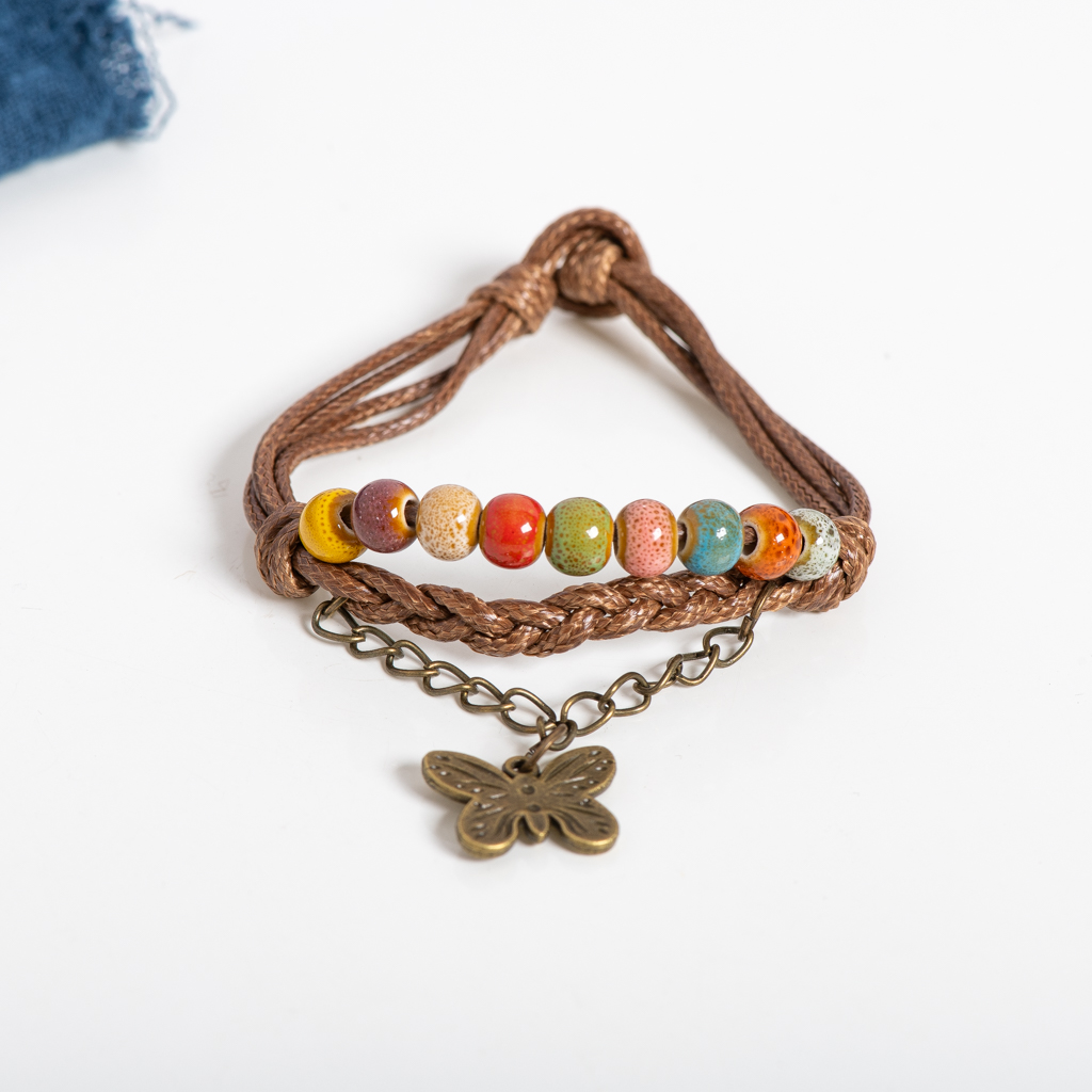 Pulsera de cerámica de trébol de cuatro hojas de la suerte, cordón de cera hecho a mano con cuentas craqueladas, opciones azules y verdes, Vintage para mujer: Verde oscuro