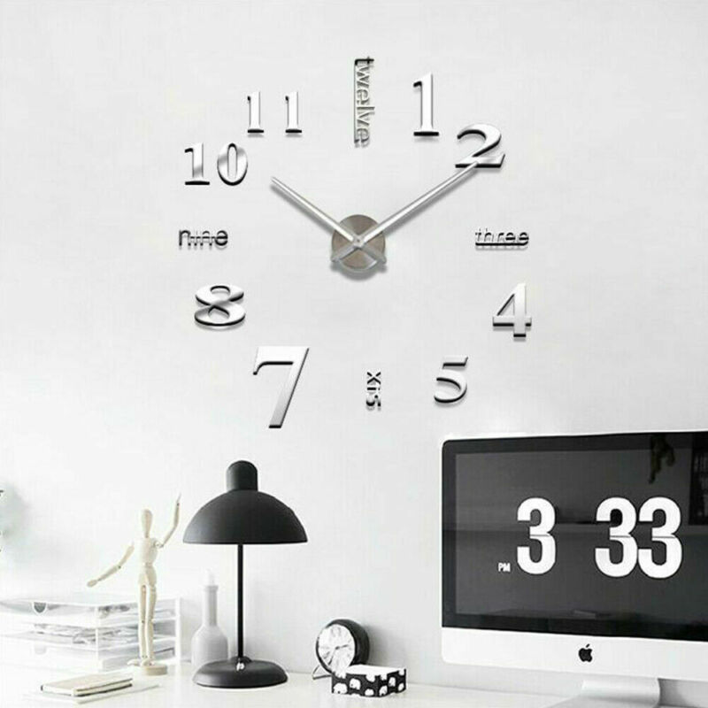 Relógio de parede com números 3d espelhados, estilo moderno, diy, analógico, superfície, números grandes, adesivo de relógio de parede, decoração da casa