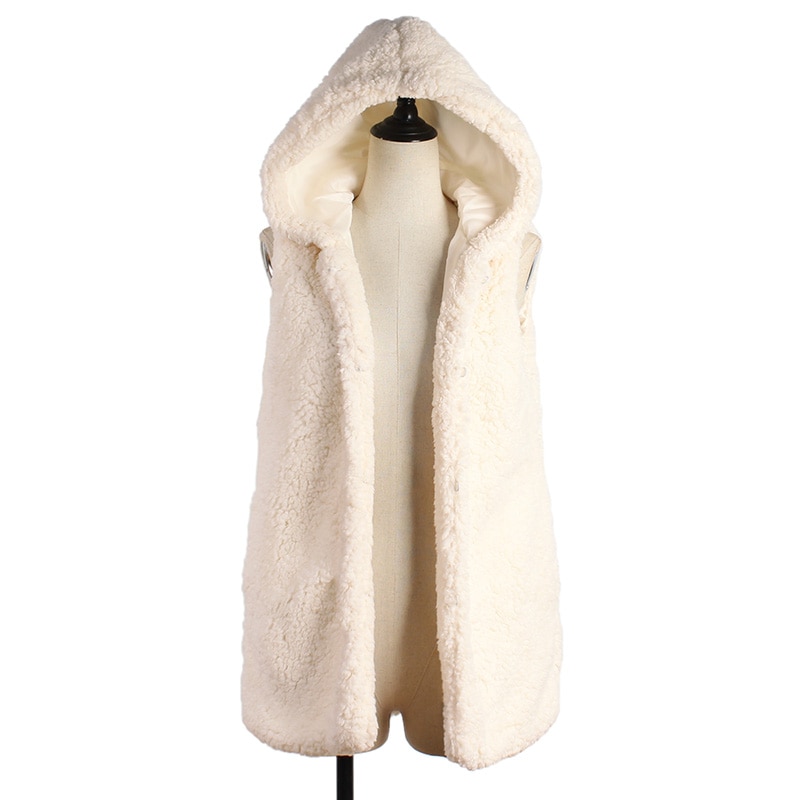 Kvinders beige hvid imiteret pels hættevest efterår vinter afslappet ærmeløse lommer overtøj dame varm fluffy vest