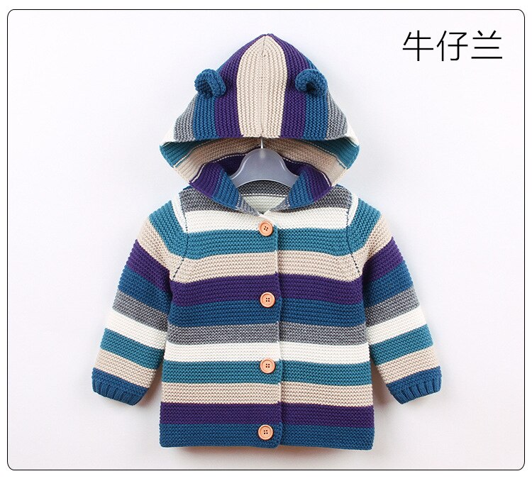 Pull à capuche à rayures colorées pour bébé garçon et fille, 3M-2T, joli Cardigan en tricot, vêtements d'automne et d'hiver: Bleu / 18M