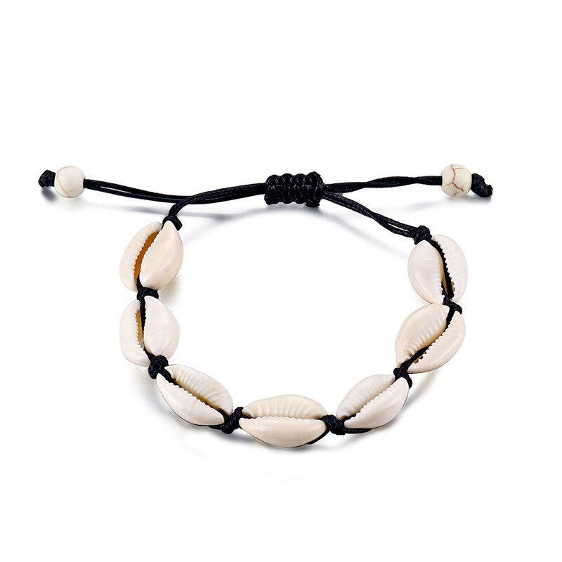 Bohemian Shell Anklets for Women Handmade Leather Woven Natural Shell Foot Jewelry Summer Beach Barefoot Bracelet ankle on Leg: black