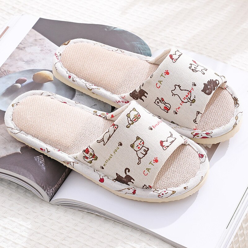 1 Paar Linnen Katoen Vrouwen Slippers Cartoon Bloemen Bedrukte Thuis Gast Indoor Slippers Foam Onderkant Flip Flop Schoenen Hotel Slippers: cat / M