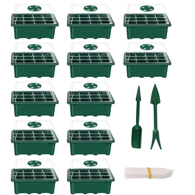 12 Hole Seedling Box 10-piece Set With Breathing Valve Sowing Heat Preservation Seedling Tray Planting Succulents In Net Pots: Green