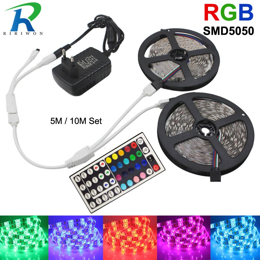 RGB LED Strip Light 12V SMD 5050 Flexible Ribbon Stripe DC 12V RGB Diode Tape fita de 5M 10M 15M with IR Controller Adapter Set