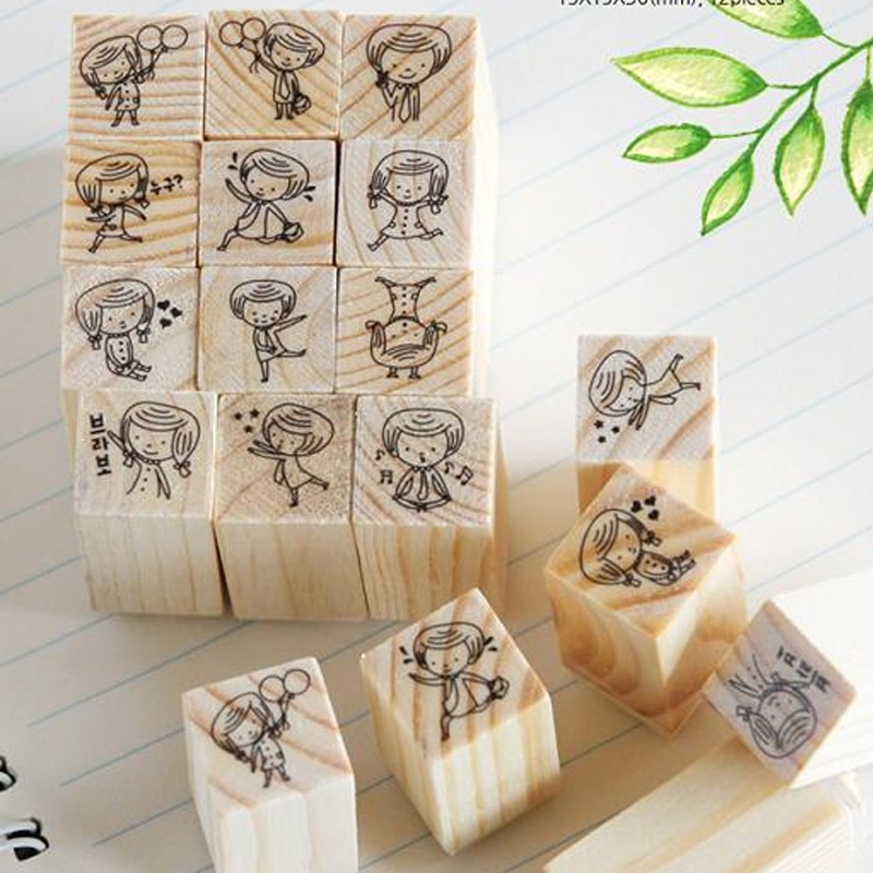 12 stk / kasse mini børnepige stempel diy træ gummistempler til scrapbooking papirvarer scrapbooking standardstempel