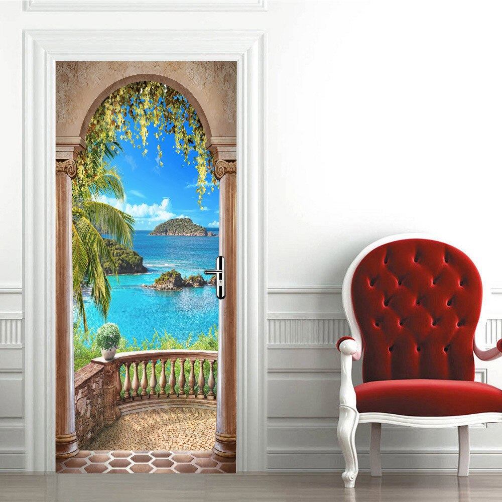 77*200CM DIY 3D Waterdicht Eiland Balkon Landschap Deur Stickers Home Decor Zelfklevende Slaapkamer Woonkamer Muur sticker