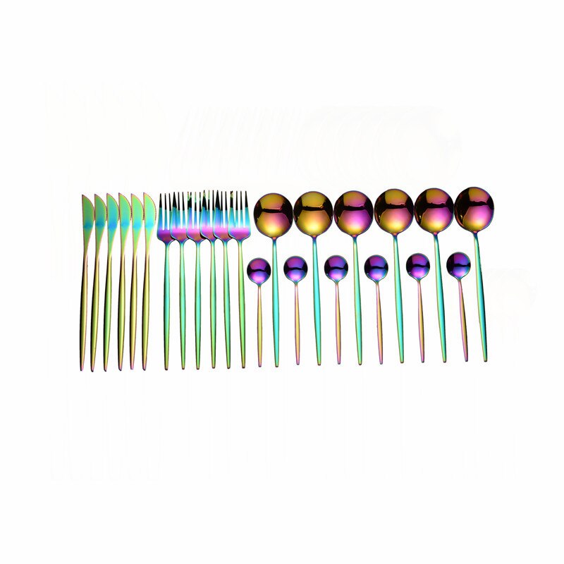 24 pçs conjunto de talheres de ouro 18/10 talheres de aço inoxidável conjunto faca garfo colher conjunto de utensílios de mesa máquina de lavar louça louça segura conjunto caixa de presente: rainbow