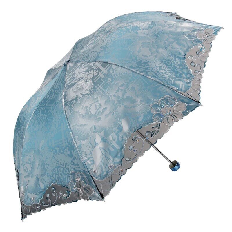 Brand Lace Umbrella Rain Women Folding Flower Portable Clear Umbrellas Double Girl Parasol Female Chinese: Navy Blue