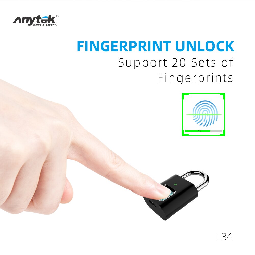 Anytek L34 Smart Fingerprint Lock USB Rechargeable Fingerprint Padlock Security Keyless Mini Door Luggage Finger Print Lock