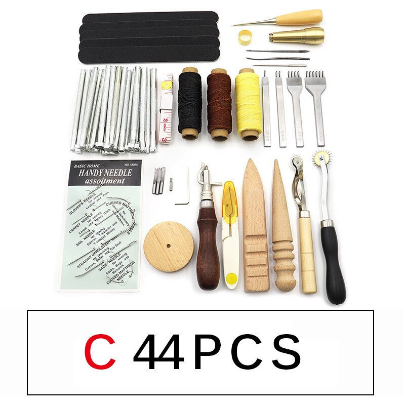 Leather Craft Tools Kit Hand Sewing Stitching Punch Carving Work Saddle Leathercraft Accessories 45/44/25/15PCS: C set 44PCS