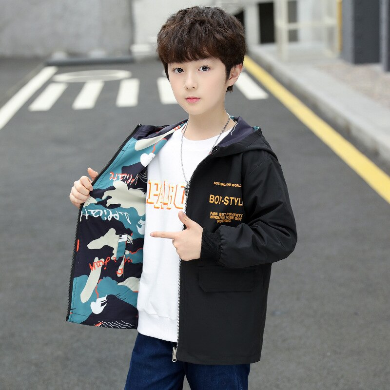 Kids Jongens Dubbelzijdig Slijtage Camouflage Capuchon Revers Lente/Herfst Grote Maagd Casual Jas 4-12 jaar Oud