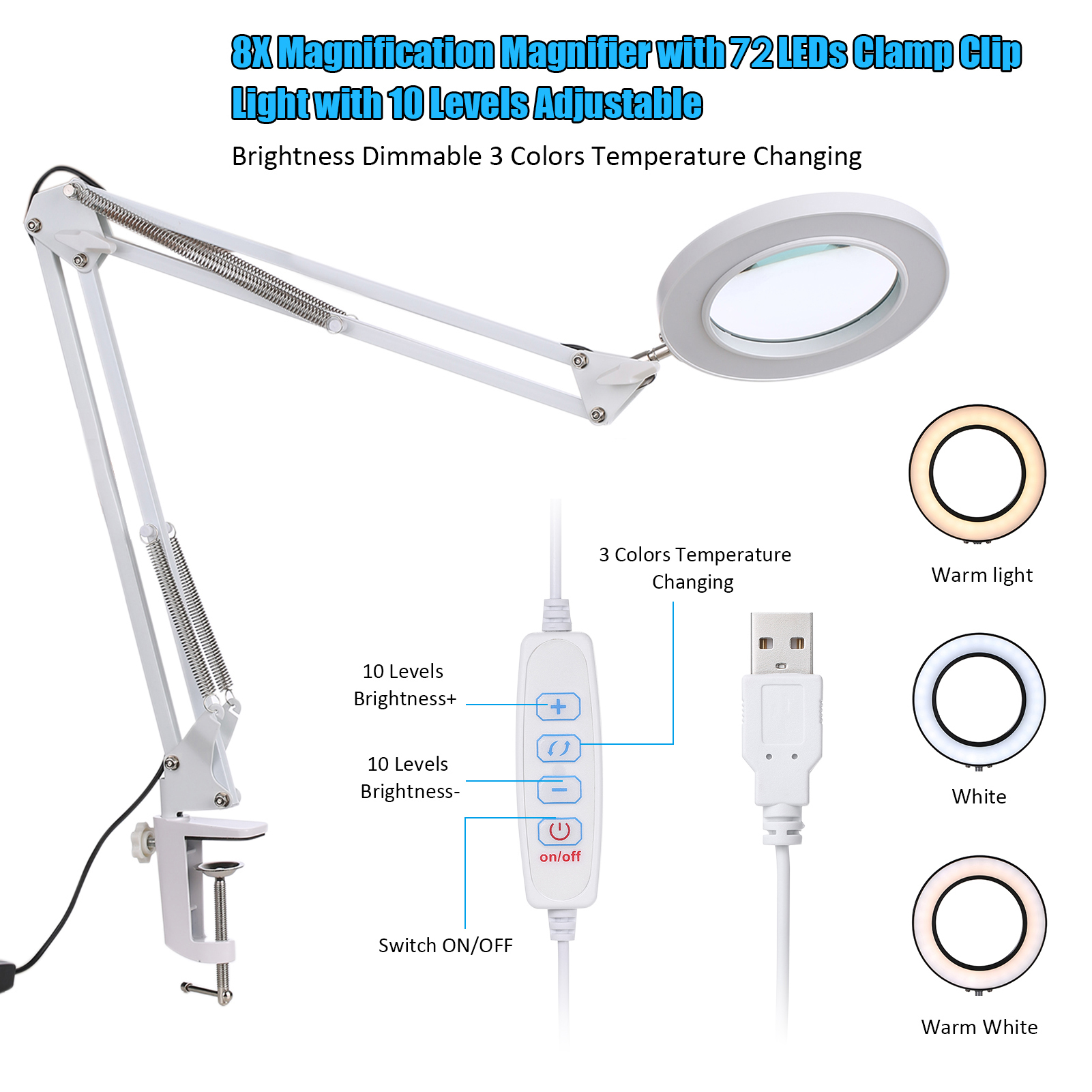 8X Magnification Magnifying Glass with Light Stand LED Desk Lamp 10 Levels Adjustable Brightness Dimmable Desk Lamp USB Powered