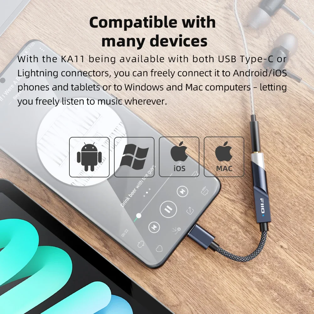 FiiO KA11 sonido Hifi USB DAC AMP Audio de alta resolución tipo C a adaptador de 3,5mm USB Dongle DAD256 amplificador de auriculares teléfonos Android iOS