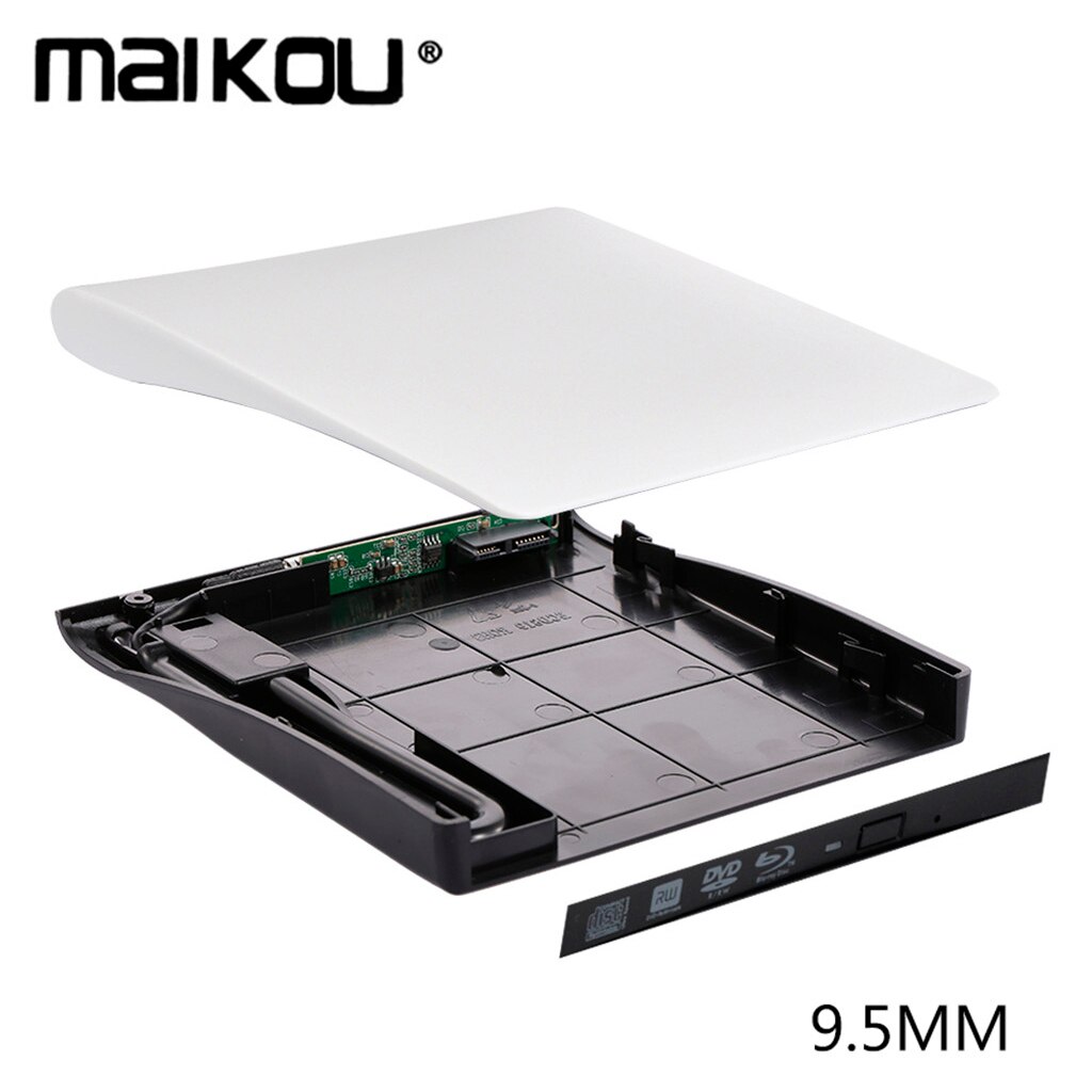 Maikou-carcasa de DVD/CD-ROM RW, reproductor de DVD, unidad externa portátil, USB 3,0, SATA, para Macbook, PC y portátil: white 9.5mm
