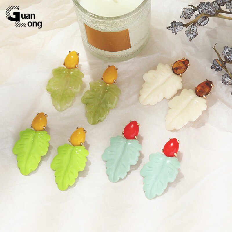 GuanLong Colorful Resin Leaf Long Earrings for Women Statement Large Acrylic Dangler Earring for Teen Girls