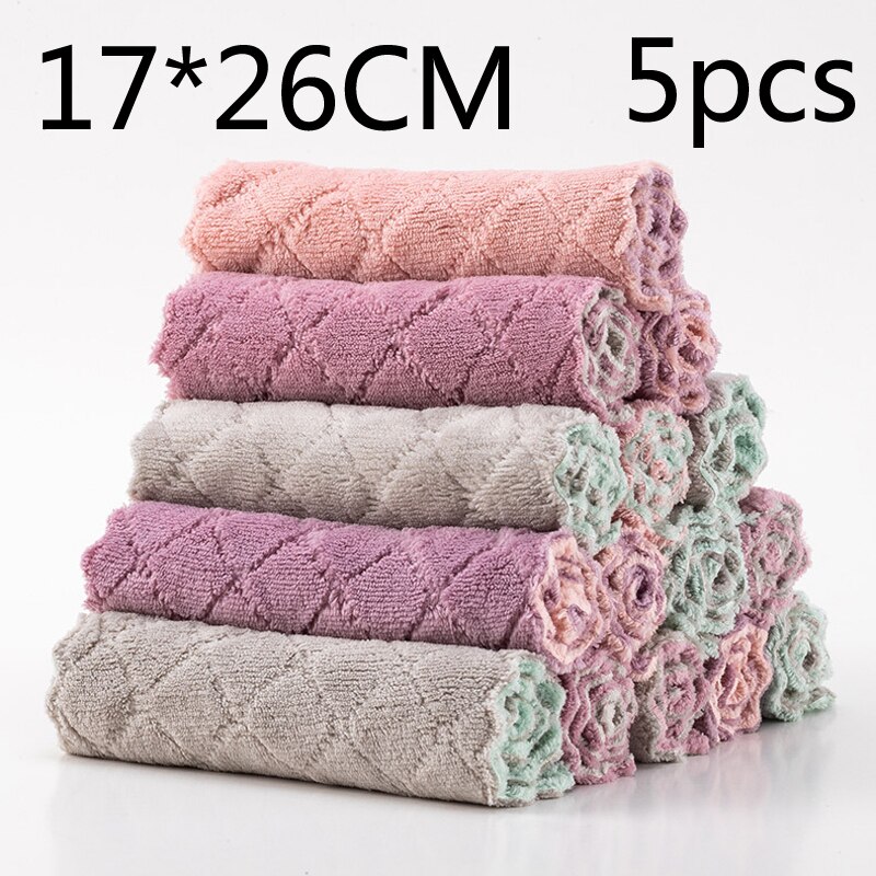 Toalla de microfibra absorbente, paños de limpieza de cocina, plato de aceite antiadherente, toalla, trapos, servilletas, vajilla, toalla de limpieza del hogar: 5pcs 17X26CM
